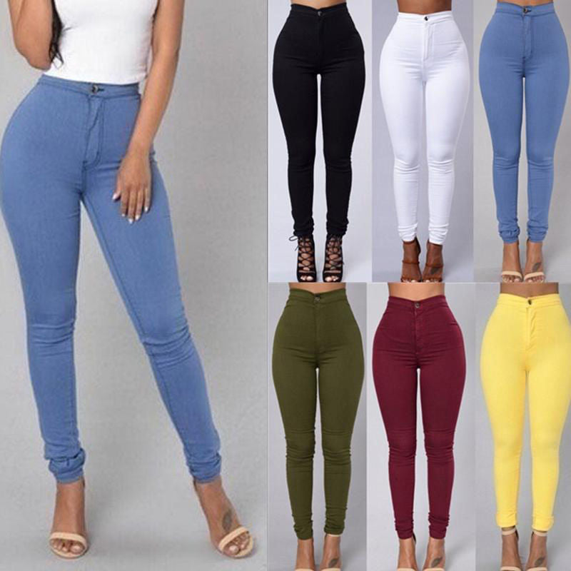 Casual Pants For Women High Waist Stretch Slim Trouser Skinny Candy Color Jeans